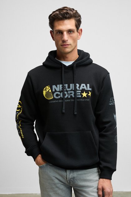 Cornelius Men's Black Sweatshirt with Kangaroo Pocket on the Front and Sleeves Printed Hooded Corduroy