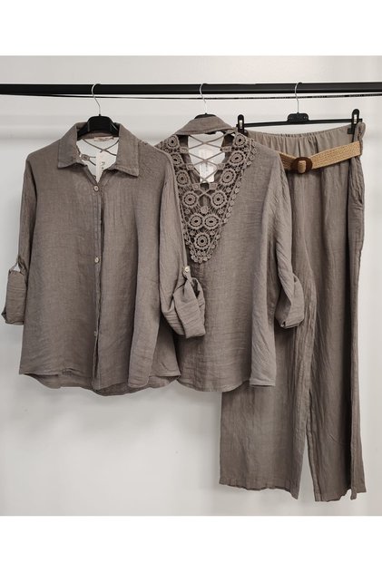 Women's Mink Italian Linen Suit with Lace Back, Includes Pants and Shirt