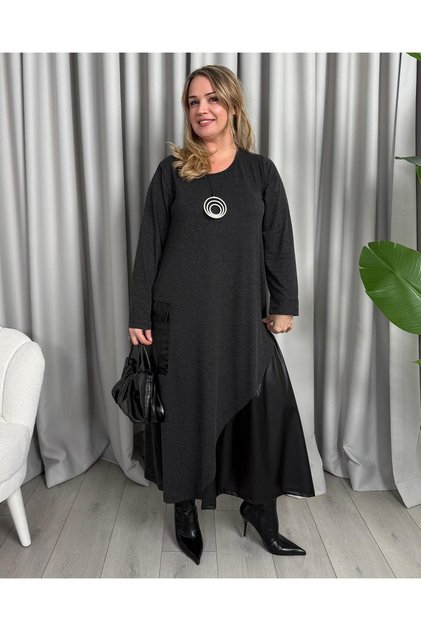 Almira Deri Detaylı Elbise Füme