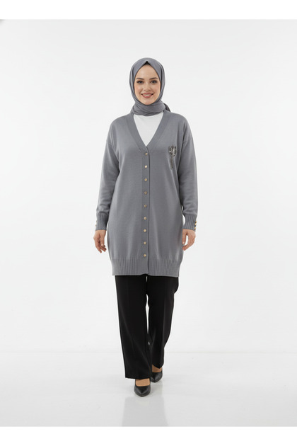 Gavessa Stone Embroidered Cardigan with Metal Buttons on the Sleeves and Front-Sy3260 Gray
