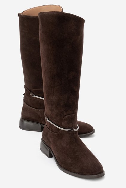 Ansel Brown Suede Genuine Leather Women's Riding Boots with Ankle Strap