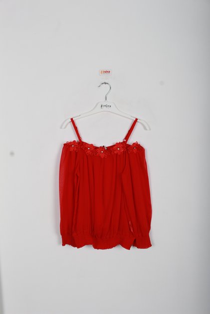Girl's Floral Embroidered Chiffon Suspender Red Blouse