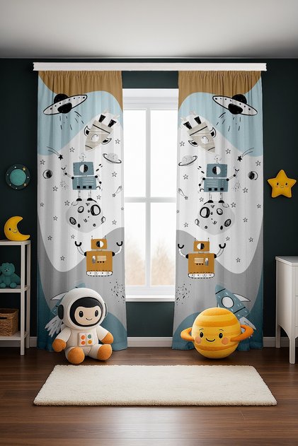 Blue Fun Robot Patterned Children's Baby Room Background Curtain (Single Wing Pricing)