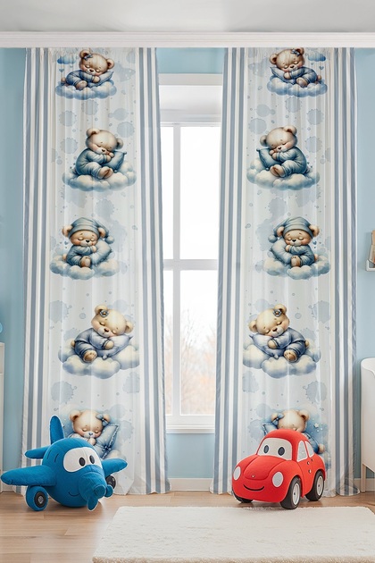 Cloud Sleeping Bears Patterned Children's Baby Room Background Curtain (Single Panel Pricing)