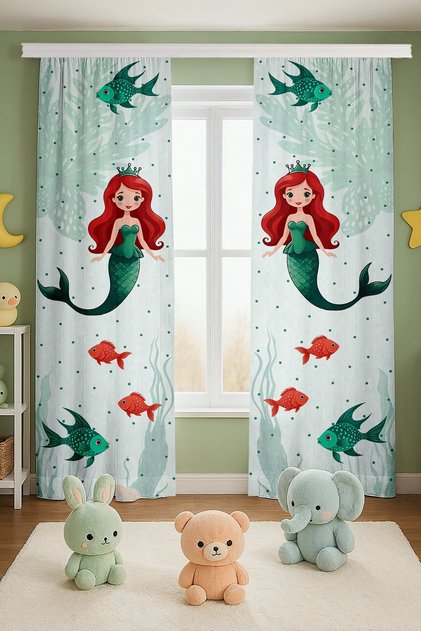 Red Mermaid Patterned Children's Baby Room Background Curtain (Single Wing Pricing)