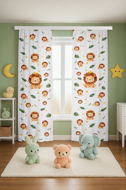 King Lions Patterned Children's Baby Room Background Curtain (Single Wing Pricing)