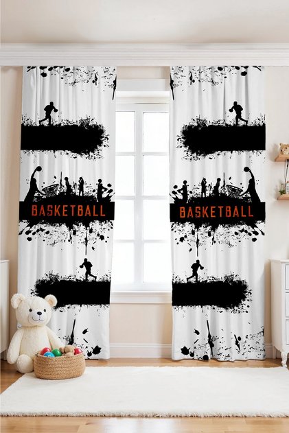 Black and White Basketball Player Silhouettes Patterned Children's Baby Room Background Curtain (Single Panel Pricing)