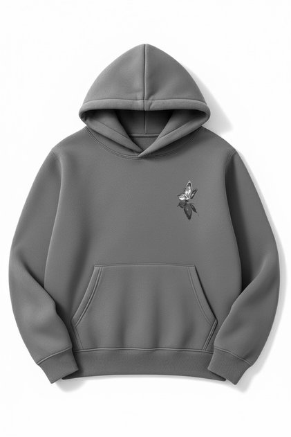 Oversized Smoke Gray Unisex Butterfly Printed Hooded Sweatshirt