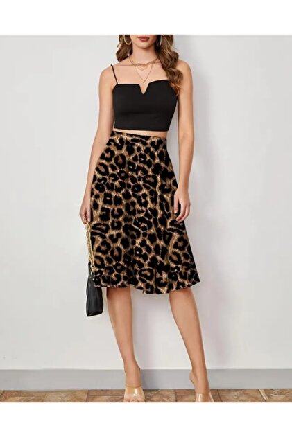 Leopard Print Stretch Fabric Flared Skirt