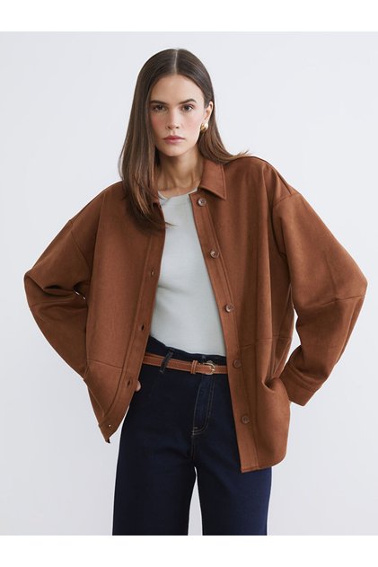 Bej Oversize Kadın Süet Görünümlü Gömlek
