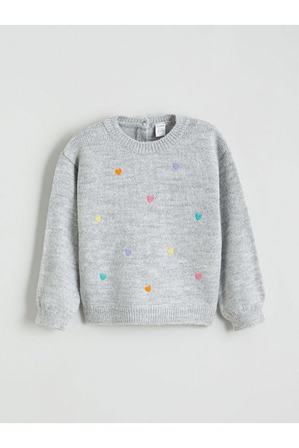 Gray Heart Embroidered Girls' Knit Sweater