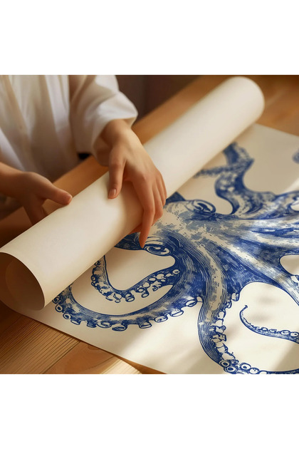 512 STORE Estetik Modern Dekor Blue Octopus Japon Tasarım Mavi