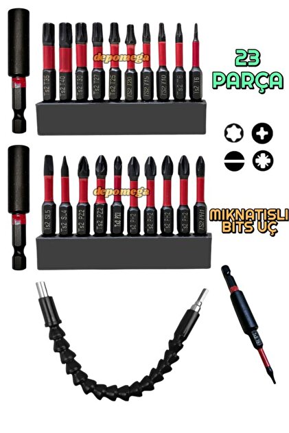 23 Parça Mıknatıslı Bits Uç Yıldız Düz Torx S2 Çelik 50 MM Matkap Uç Bükülebilir Adaptörlü
