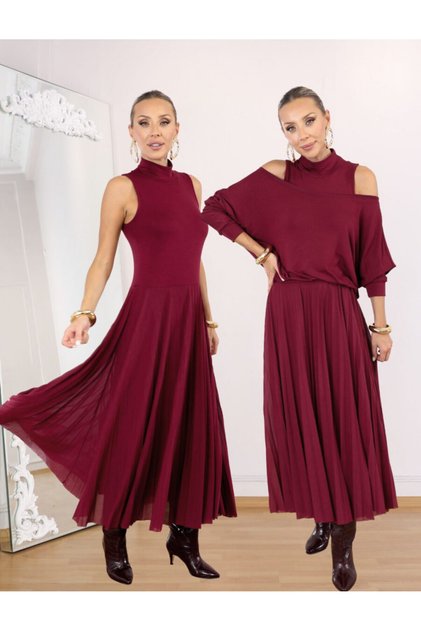Buketli̇ Women's Top D Mock Neck Sleeveless Skirt Tulle Pleated Top Short Blouse Two-Piece Dress