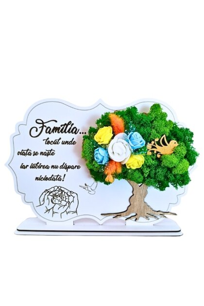 Cadou pentru Familie – Tablou cu Licheni Stabilizați și Mesaj, 30x20 cm, Alb