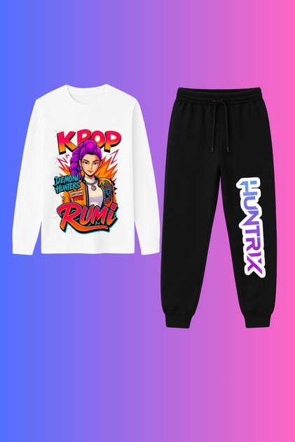 K-Pop Demon Hunters Hunterix Printed Long Sleeve Combed Cotton Sweat Sweatpants Set Bottom Top Set