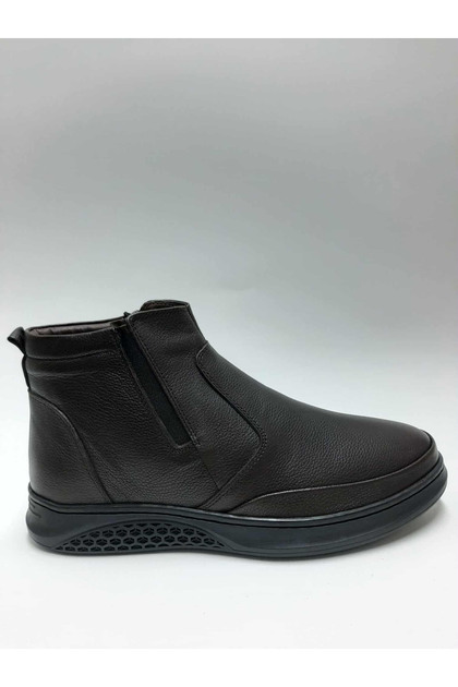Genuine Leather Laceless Zippered Flexible Rubber Sole with Fur Inside Brown Winter Men's Boots