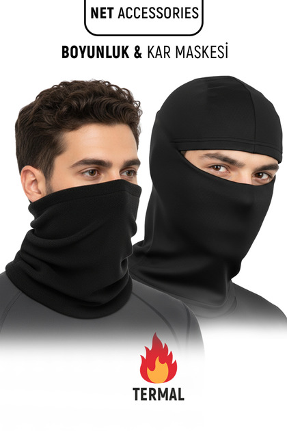 Black Fleece Neck Gaiter and Black Balaclava Set Cotton Unisex