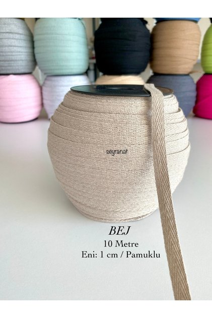 10 Metre Eni 1 Cm Bej Rengi %100 Pamuklu Dar Dokuma-Balıksırtı Biye-Şerit-Ekstrafor-Dikiş Kapatıcı