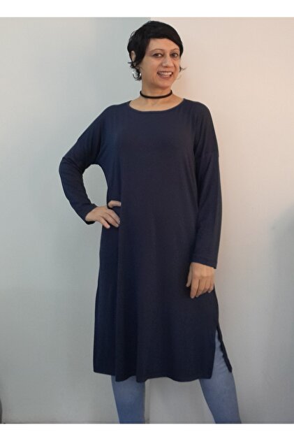 Navy Blue Sizele Whole Come Low Arm Long Sleeve Side Slit Combed Viscose T-Shirt Tunic