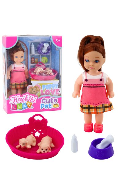Set mini-păpușă cu doi căței, pat, bol, sticlă