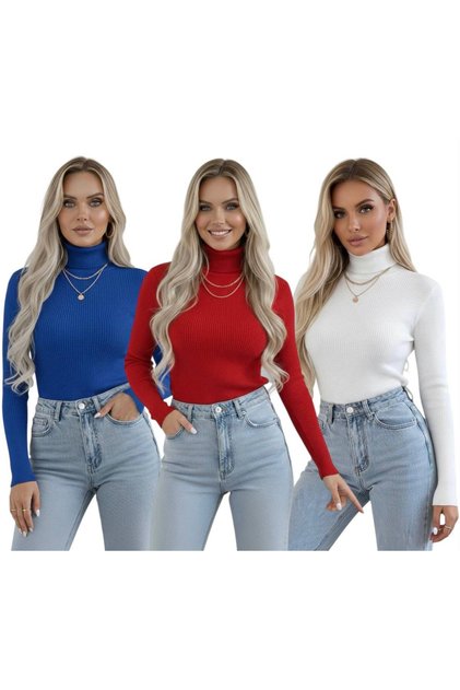 High-Necked Long Sleeve Women's Bodysuit Sweater Set of 3 - Red Main Colors