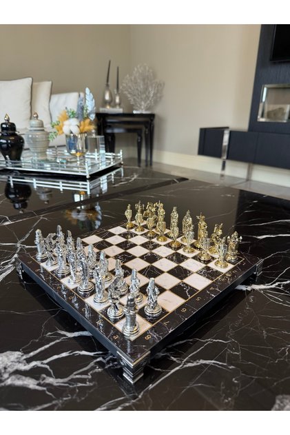 Ottoman & Byzantine Yellow & Silver Metal Chess Set – 25X25 cm Marble Patterned Board