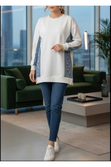 Women's Cotton Combed Fabric with Flower and Denim Details
