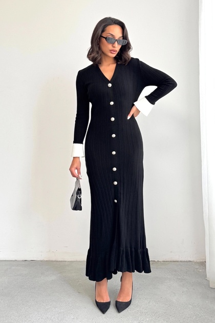 Lusin Women's black chic ankle-length button-down long knit dress- Trendyol