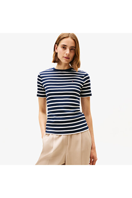 Tommy Hilfiger Kadın %100 Pamuklu Logo Detaylı Bisiklet Yaka Kısa