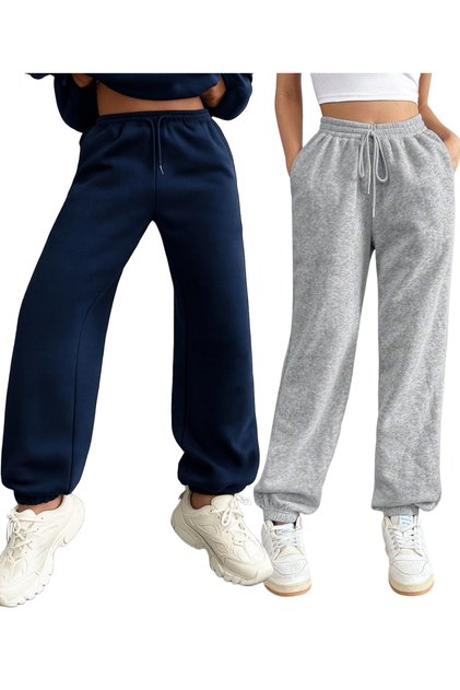 Women's 2-Piece Gray-Navy Blue High-Waisted Jogger Sweatpants with Cotton Inside