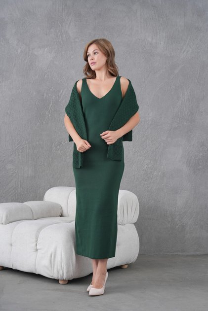Women's Boat Neck Knit Detail Blouse Dress Two-Piece Trko Set