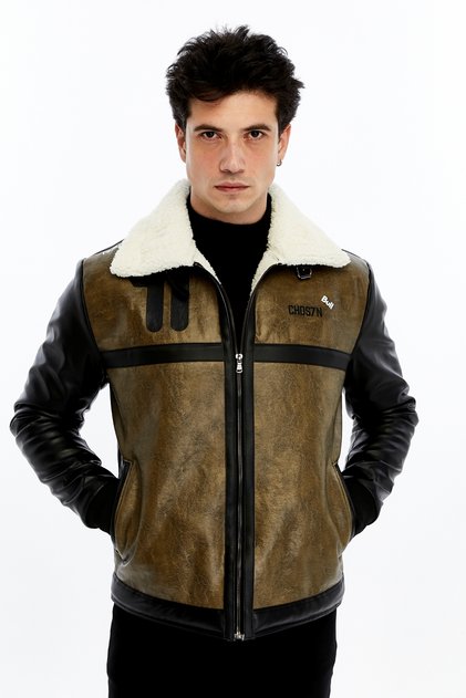 Men's Leather Coat with Fur Inside and Zipper – Classic & Streetwear Trend Khaki