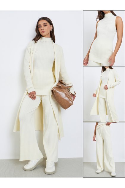 Set of 3 - Ribbed Knit Top, Cardigan and Pants
