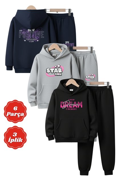 3 İplik K Hooded Ş Fleece-Lined Thick Winter Print Detailed Kangaroo Pocket 6 Piece Girls' Tracksuit Set