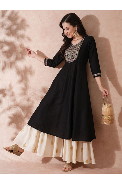 Zari Embroidered Sequined Yoke Paneled Festive Anarkali Kurta