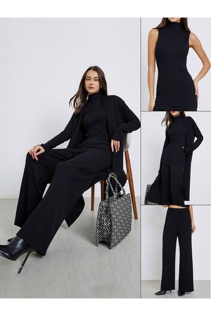 Set of 3 - Ribbed Knit Top, Cardigan and Pants