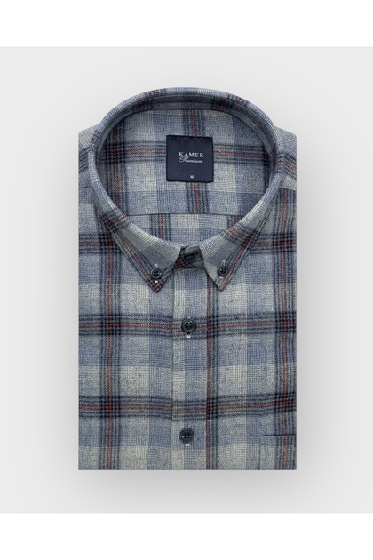 Regular Fit Winter Long Sleeve Buttoned Collar Plaid Blue Shirt 3874m