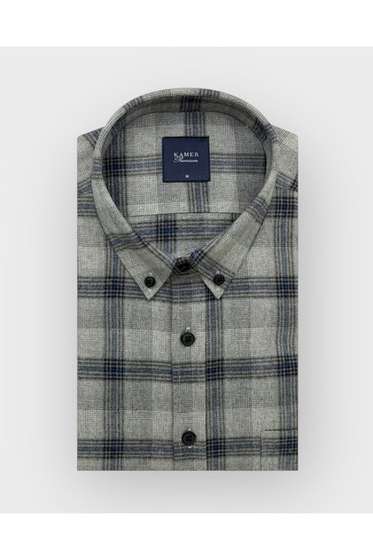 Regular Fit Winter Long Sleeve Buttoned Collar Plaid Gray Shirt 3874g