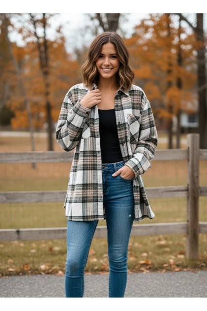 Beige-Black Plaid Shirt - 251065