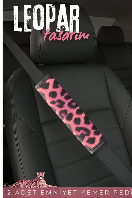Kadınlara Özel Araç İçi Emniyet Kemer Pedi 2 Adet Pembe Leopar Desen Kemer Pedi