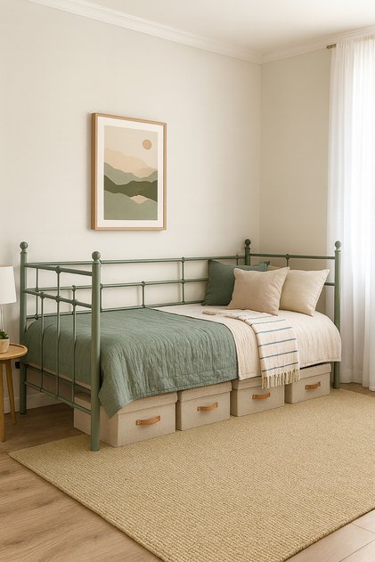 Lalas Daybed Tek Kişilik Sedir Metal Karyola 90x200 Yeşil (AHŞAP LATALI)