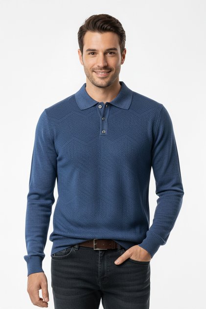 Erkek Desenli Polo Yaka Çıtçıtlı Kazak | %70 Pamuk