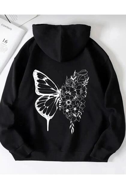 Unisex Butterfly Printed Hooded Oversized Sweatshirt