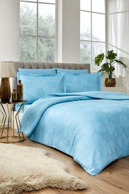 Leaf Double Jacquard Satin Duvet Cover Set Aqua