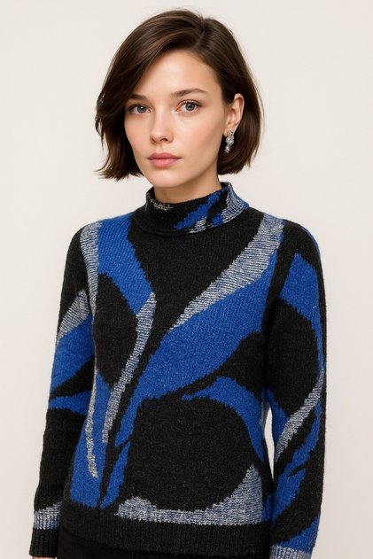 Patterned Turtleneck Knitwear-25K43779- Cobalt -11