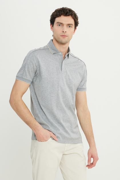 Men's Gray Melange 100% Cotton Slim Fit Slim Fit Polo Neck T-Shirt