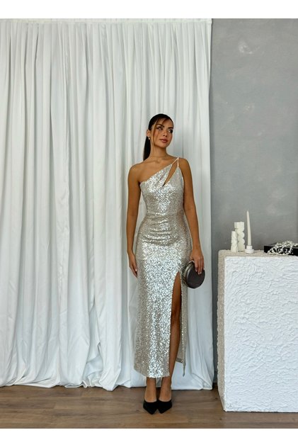 One Sleeve Sequin Long Length Lined Slit Special Occasion Women's Crystal Dress