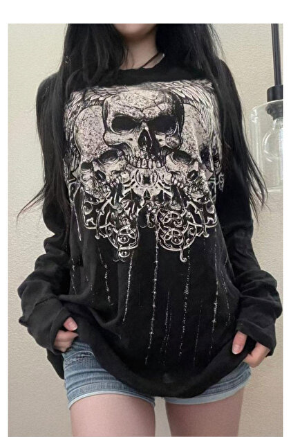 Karakedi Siyah Tribal Skulls Gotik Y2K Unisex Sweatshirt - Fiyatı