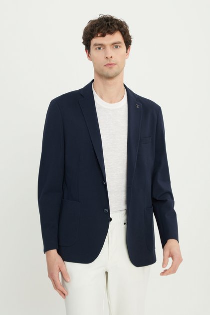 Men's Navy Blue Cotton Slim Fit Slim Fit Dobby Stretch Blazer Jacket with Pocket